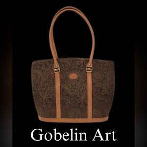 Vintage Gobelin‎ Art Belgium Tapestry Tote, Paisley, Leather Trim, Circa 80-90’s